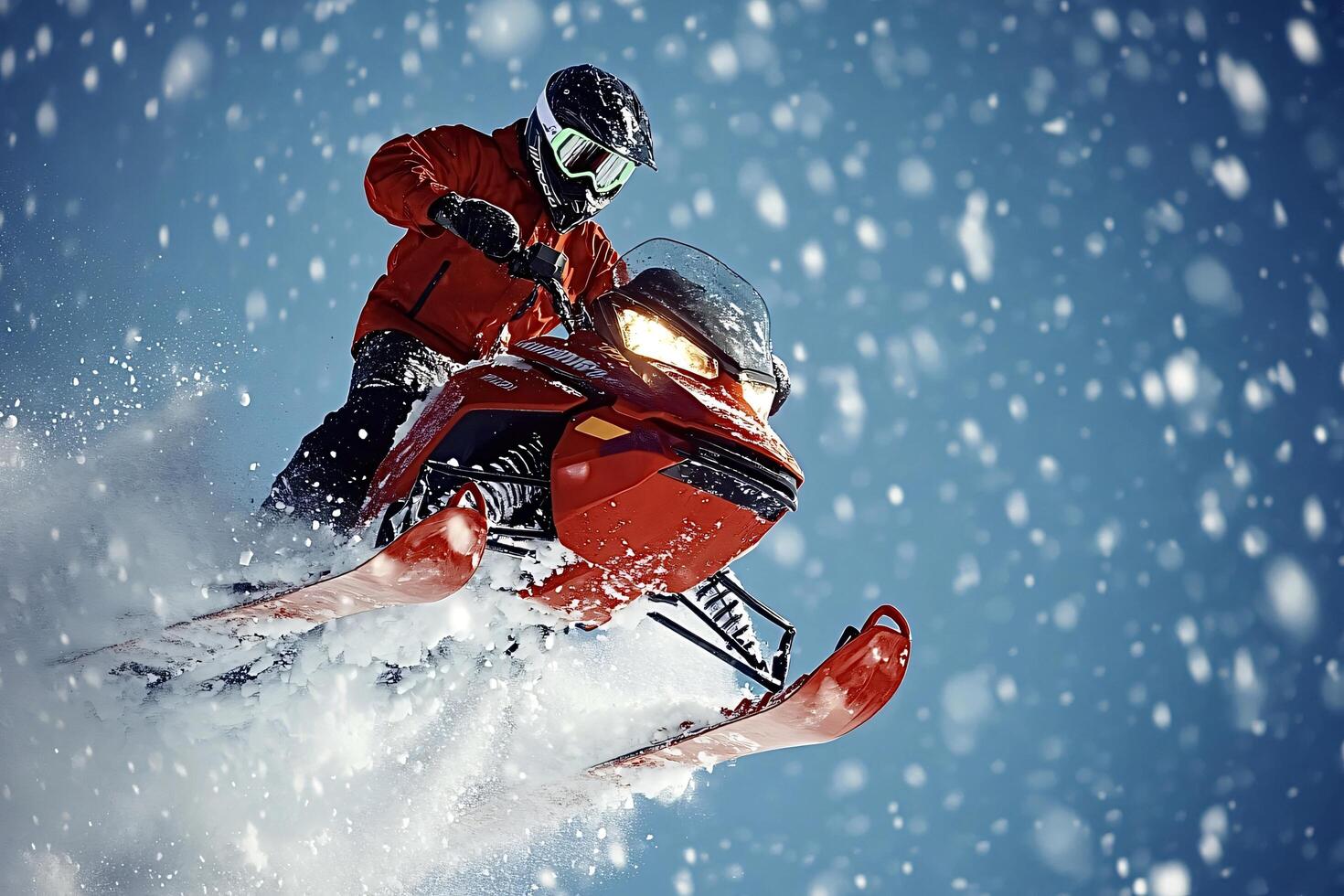 Snowmobiler jumping through air on red snowmobile photo