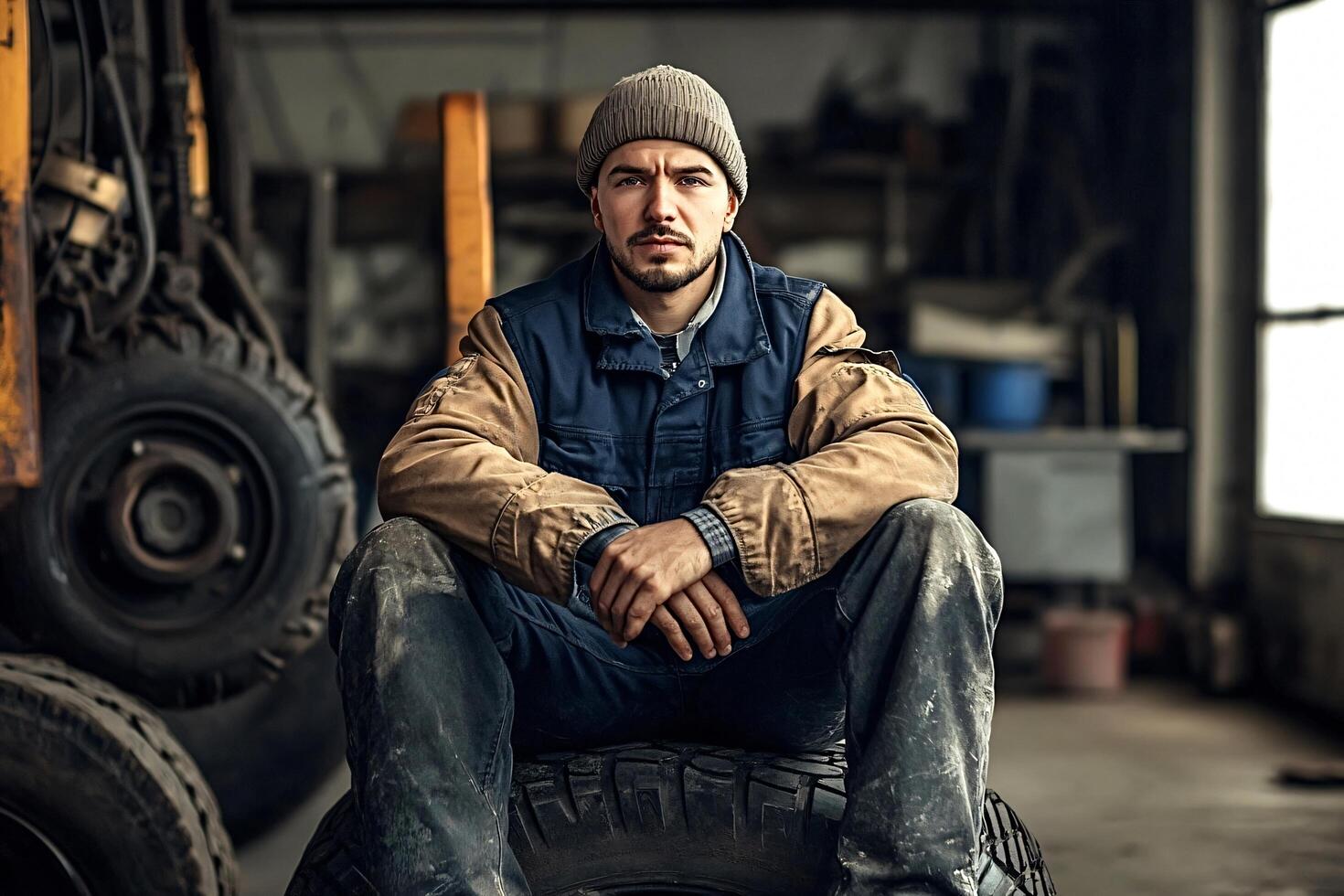 Car mechanic taking break sitting on tire in auto repair shop photo