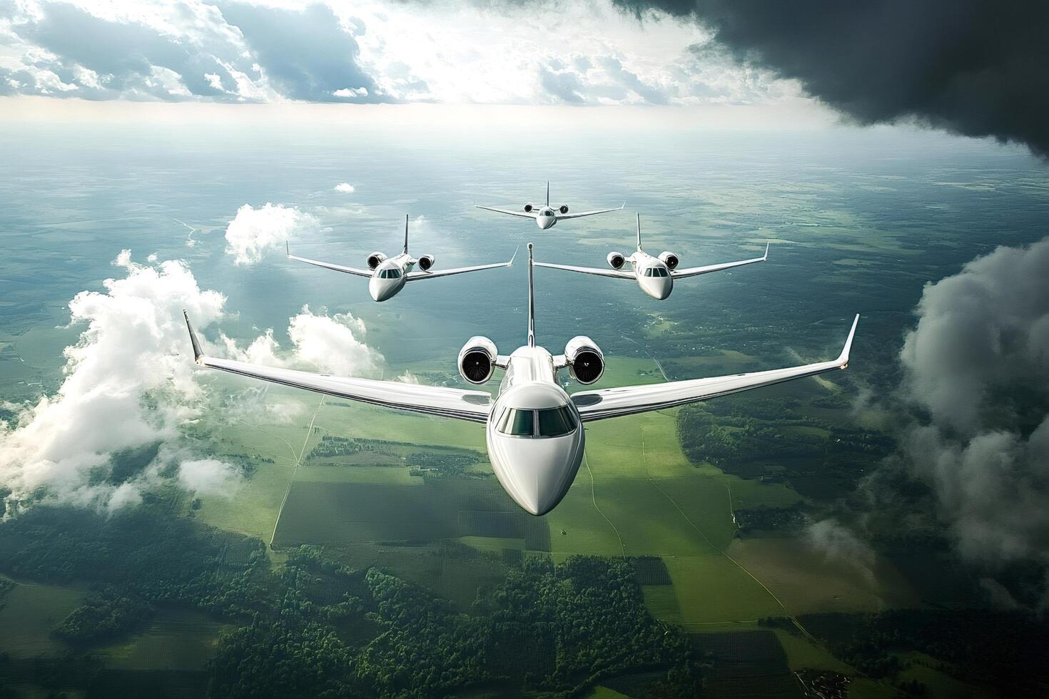 Four private jets flying in formation over green landscape photo