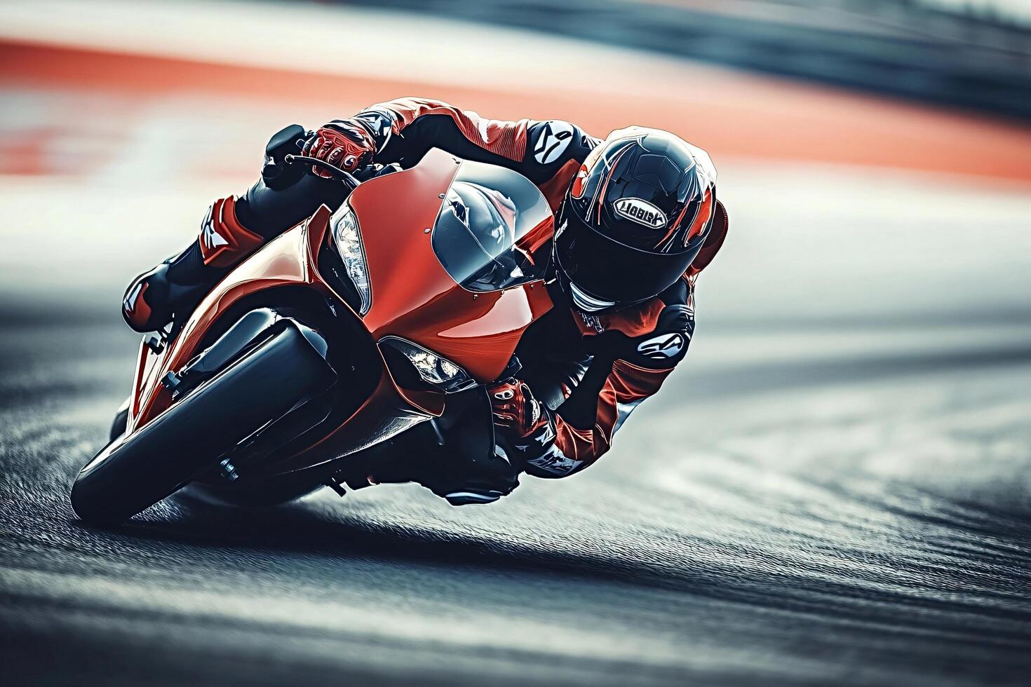 Motorcycle racer leaning into a turn on a racetrack photo