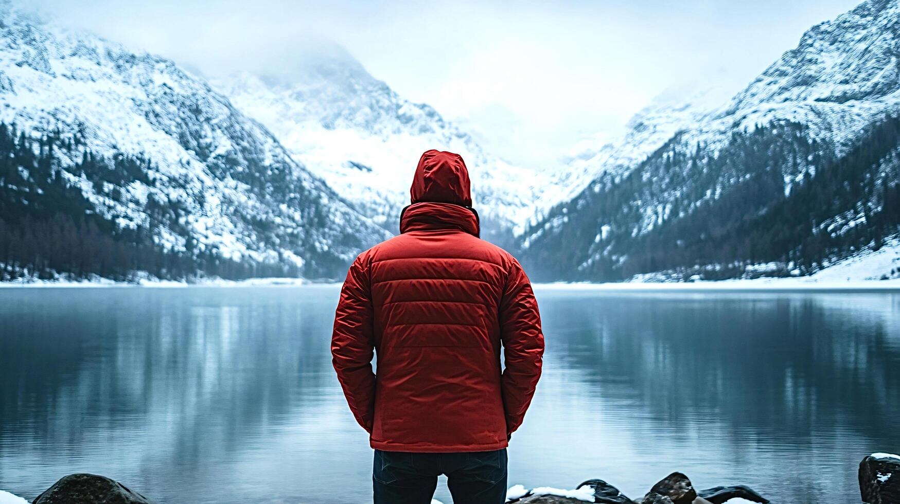 Man wearing red jacket enjoying the view of a mountain lake photo