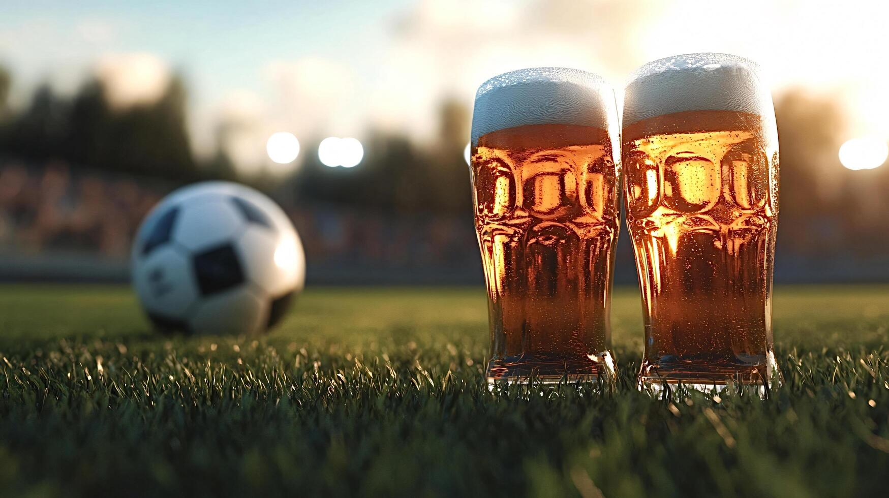 Two glasses of beer stand on a grass field in a stadium at sunset photo
