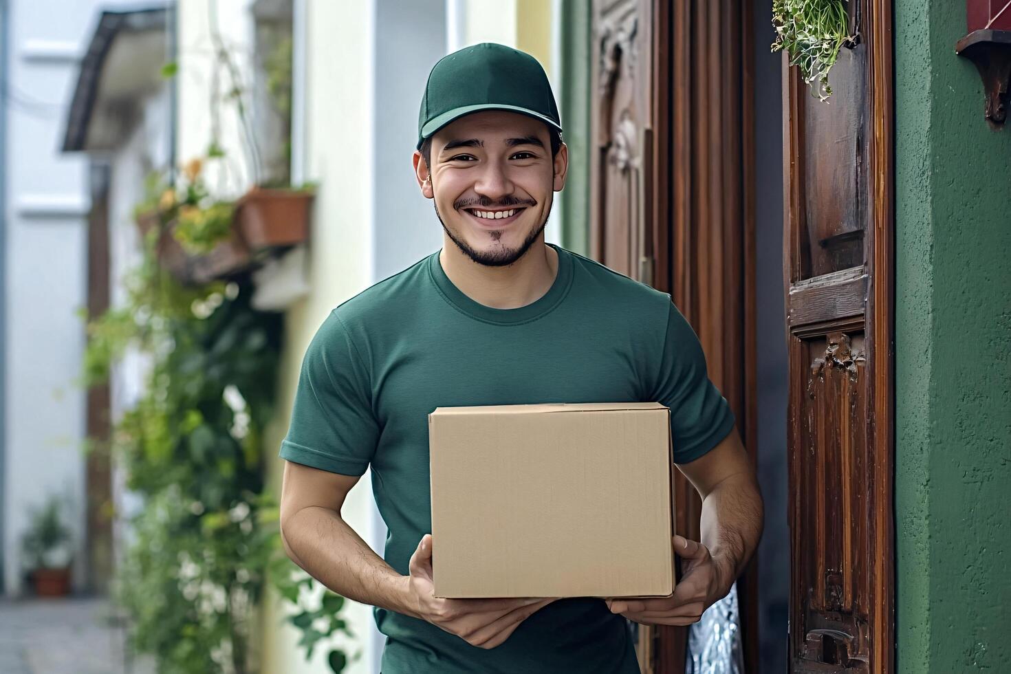 Delivery man holding package smiling at front door photo