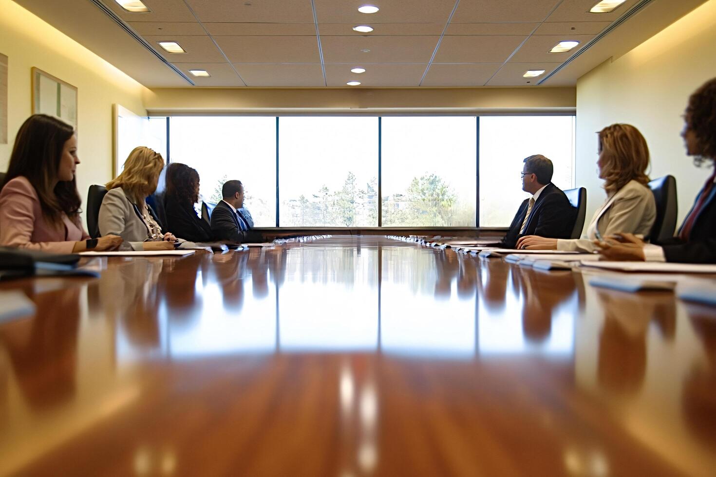 Business people having board meeting around polished table photo