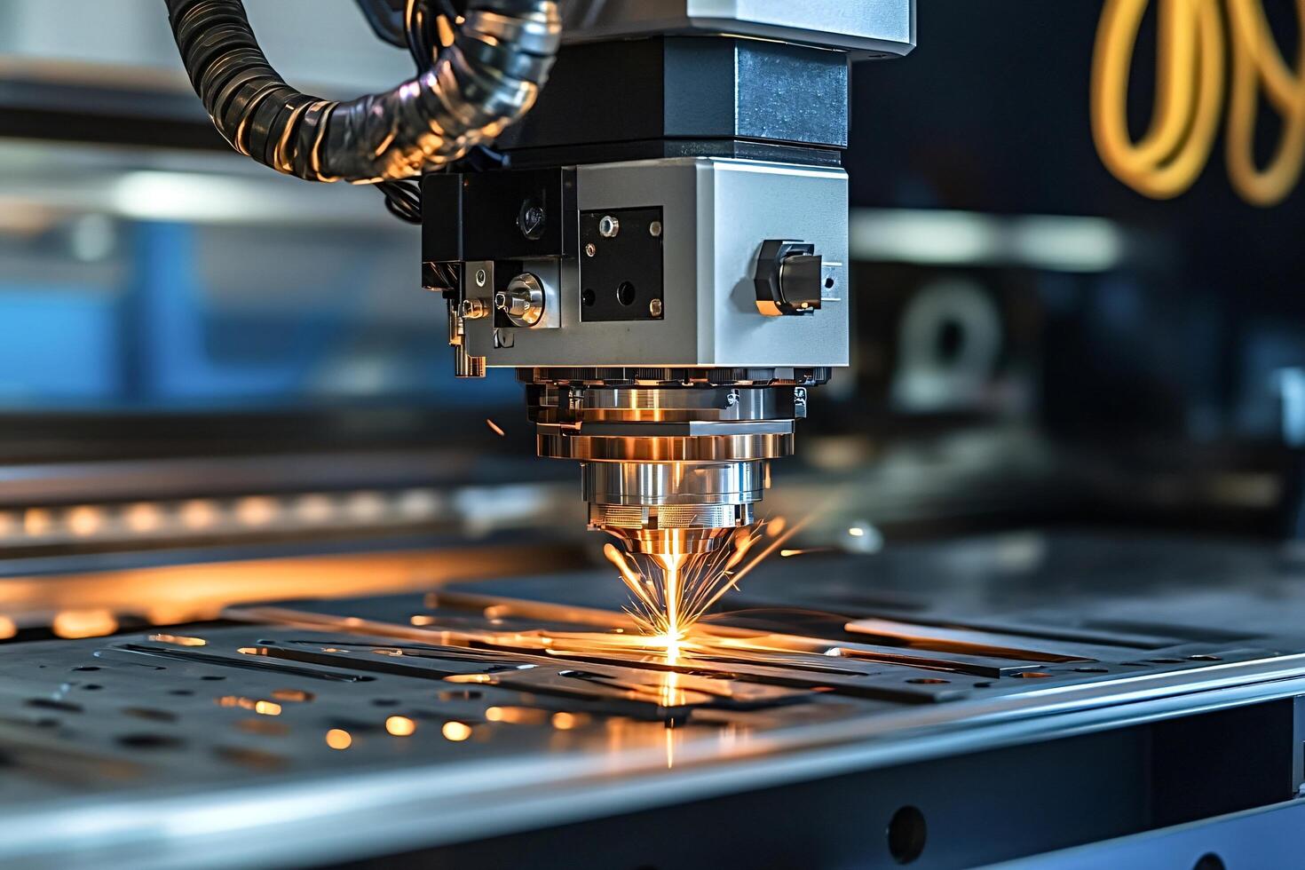 High precision cnc laser cutting metal sheet with sparks flying photo