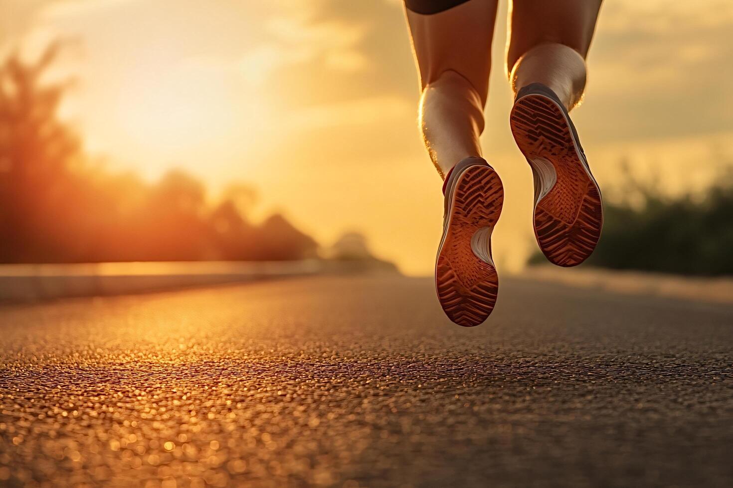 Athlete running on the road at sunset achieving goals with every step photo