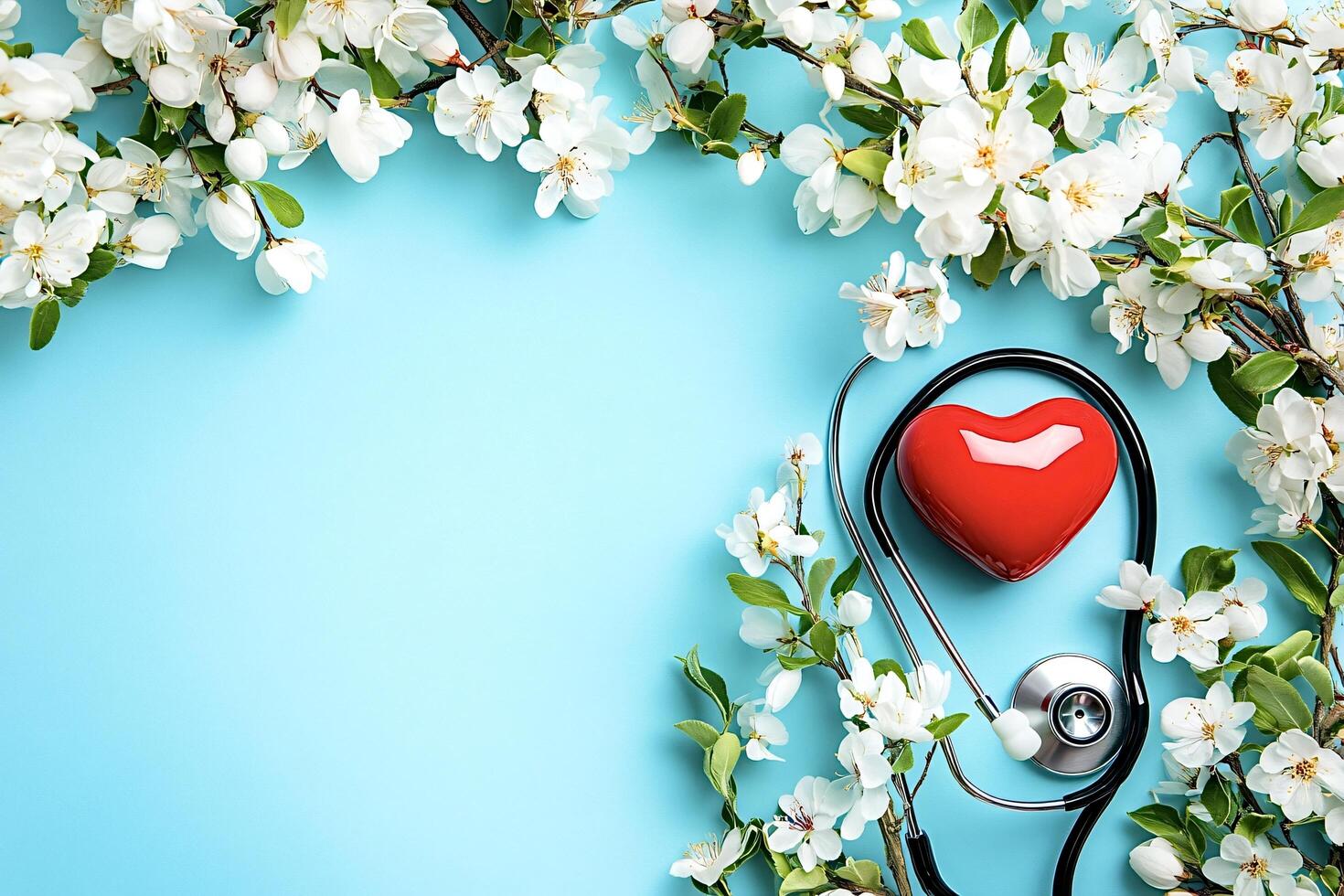 Stethoscope and red heart surrounded by spring flowers on blue background photo