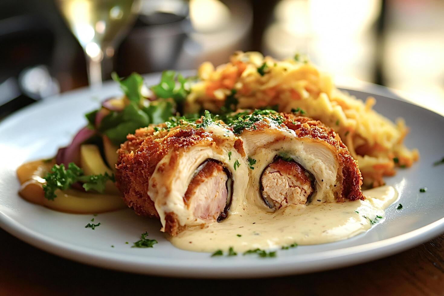 Delicious chicken cordon bleu with creamy sauce and green salad garnished photo