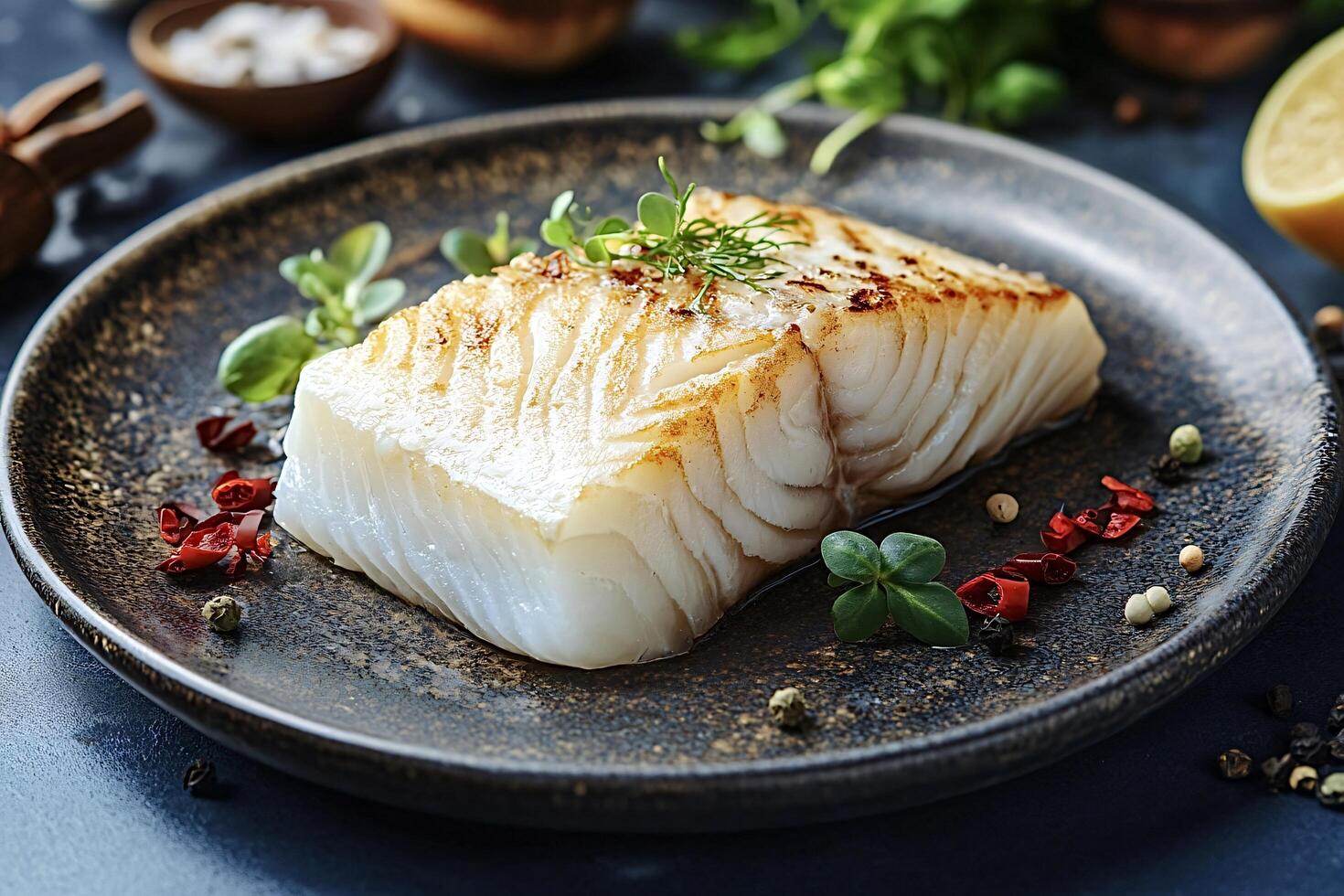 Delicious grilled cod fish fillet with herbs and spices on plate photo