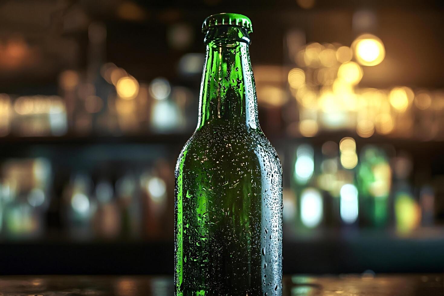 Green beer bottle standing on bar counter with condensation photo