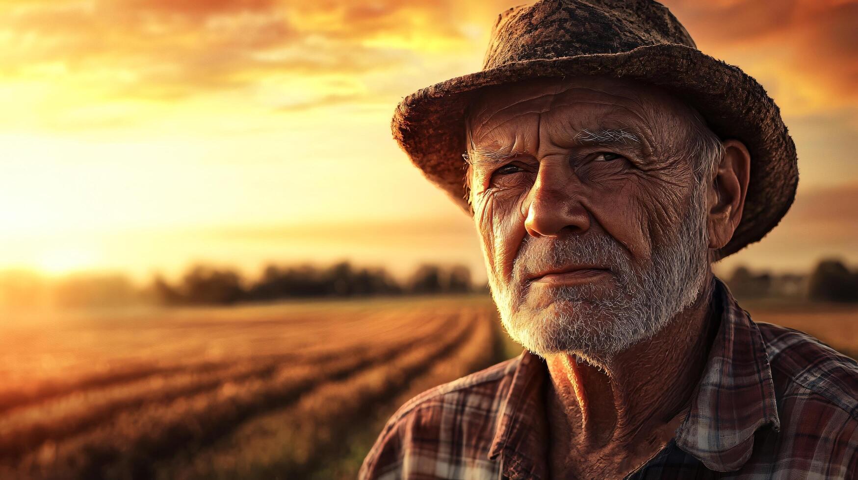 Senior farmer standing in wheat field at sunset photo