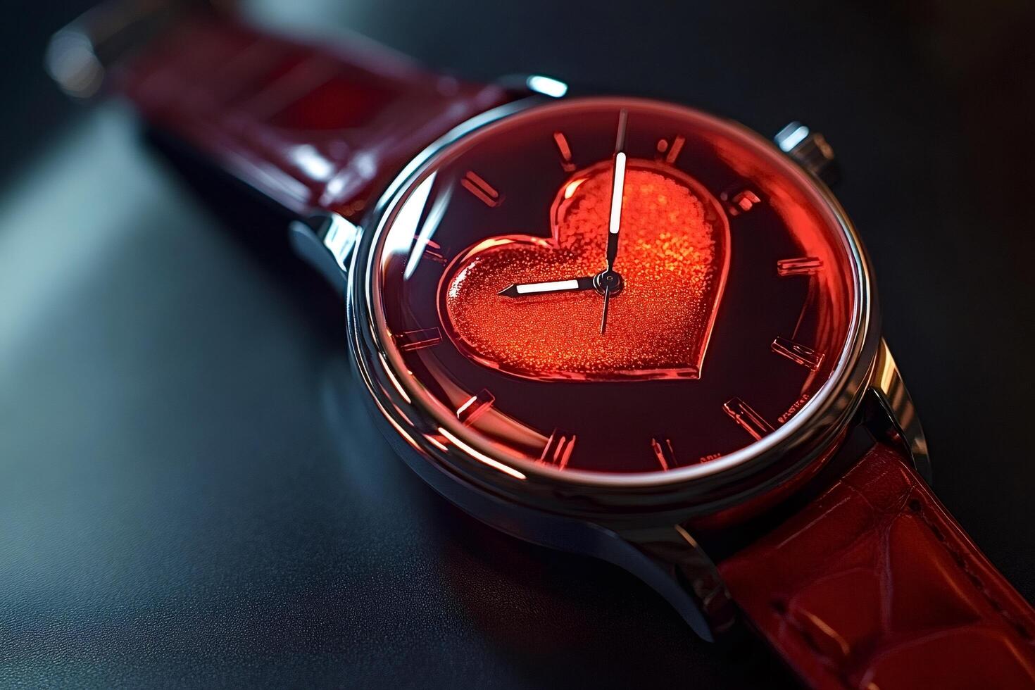 Elegant wristwatch showing red glittering heart and roman numerals dial photo