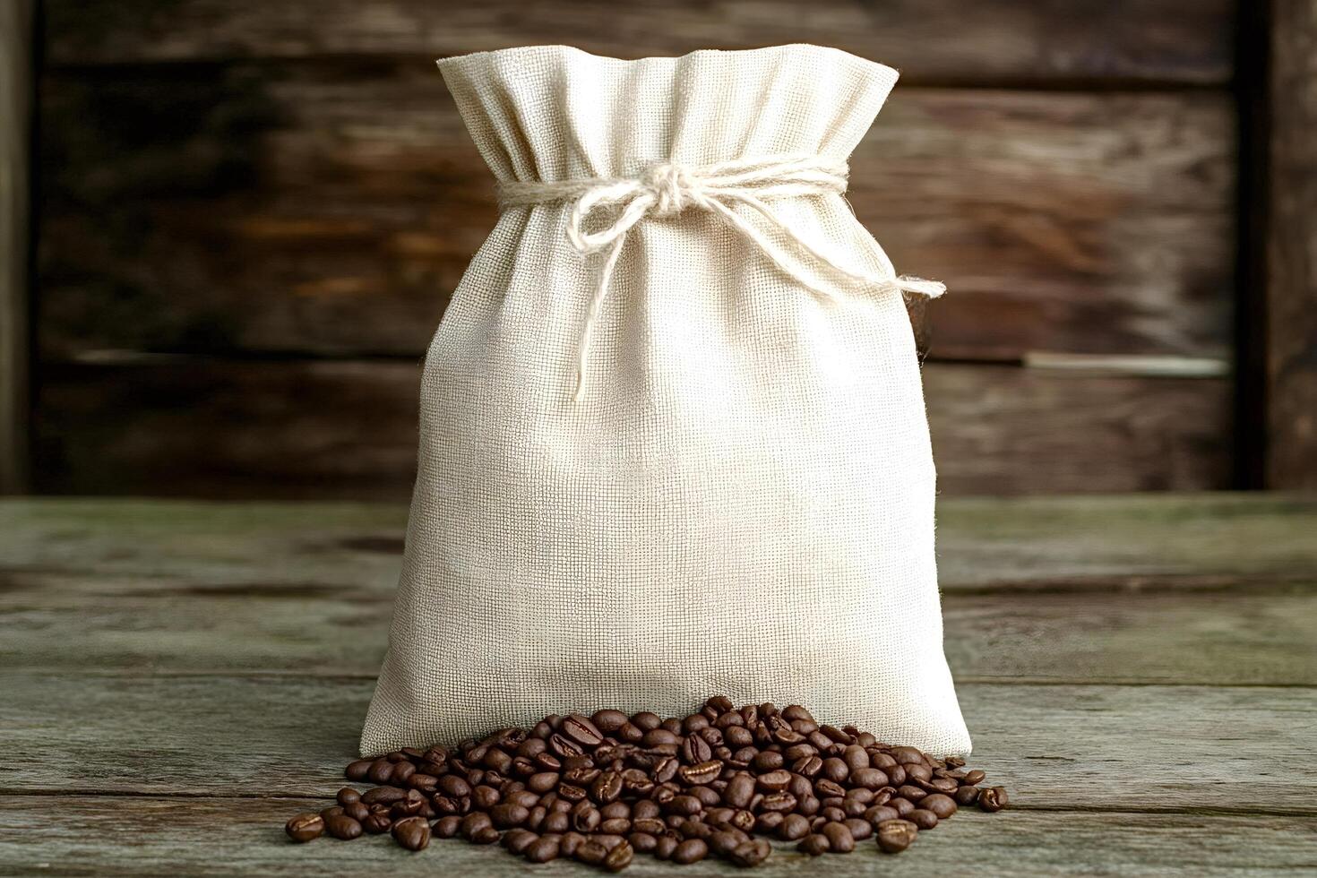 Small linen bag of coffee beans on rustic wooden table photo