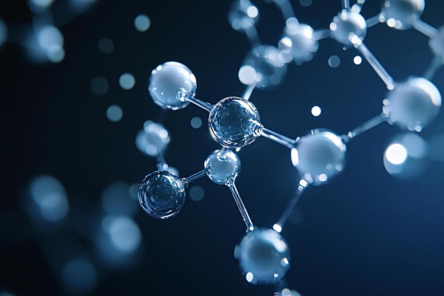 Abstract molecular structure connecting on dark blue background photo
