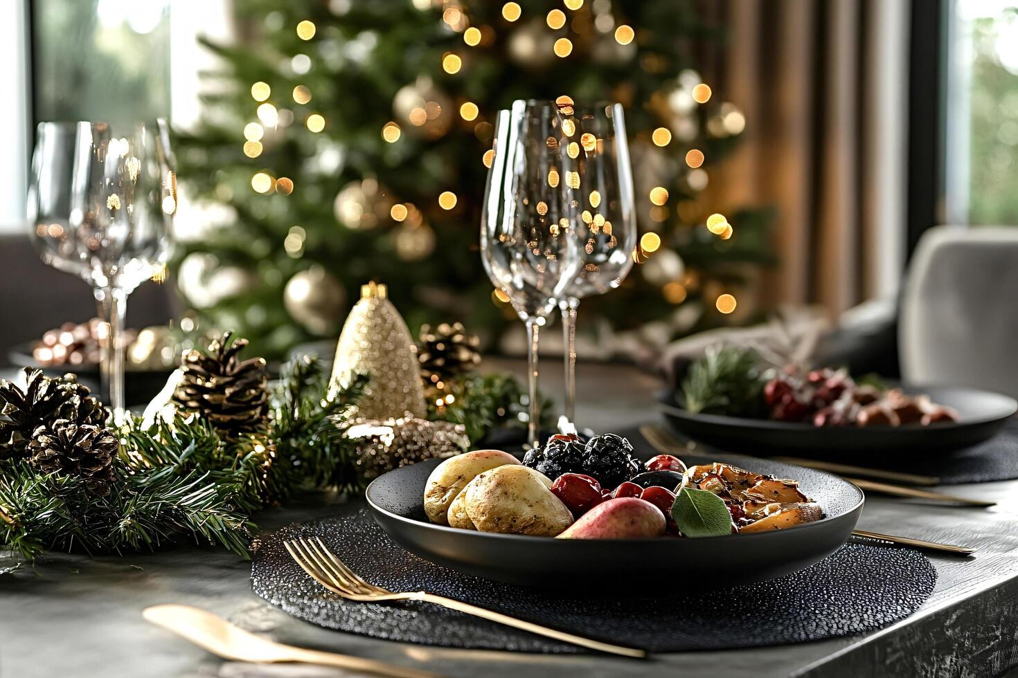 Christmas dinner table setting featuring roasted fruit and wine glasses photo