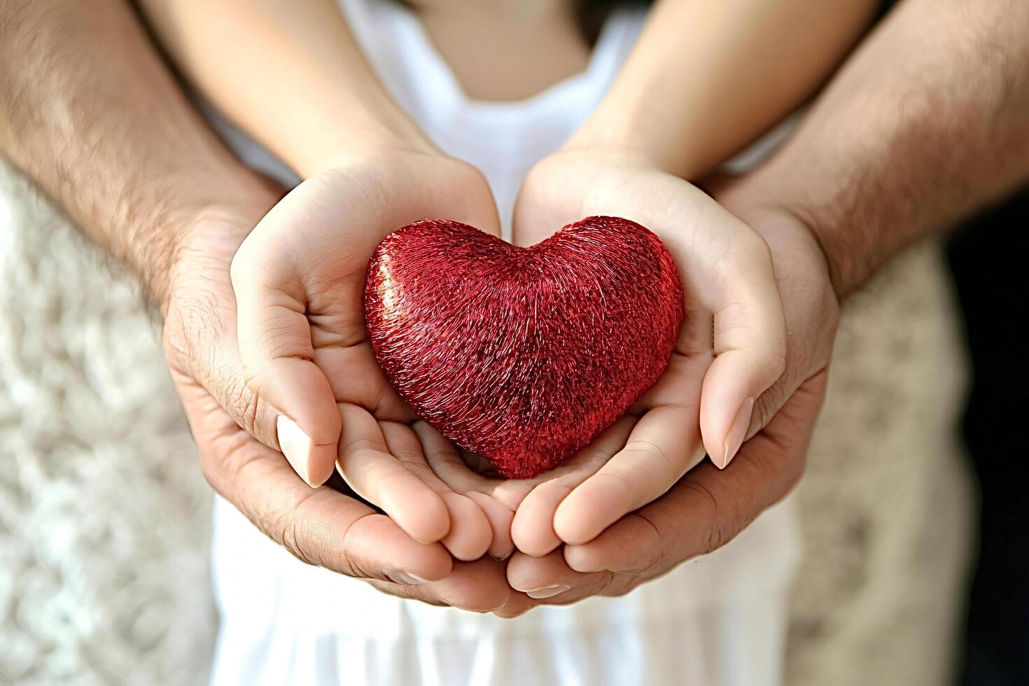 Family holding red heart in hands showing love and togetherness photo