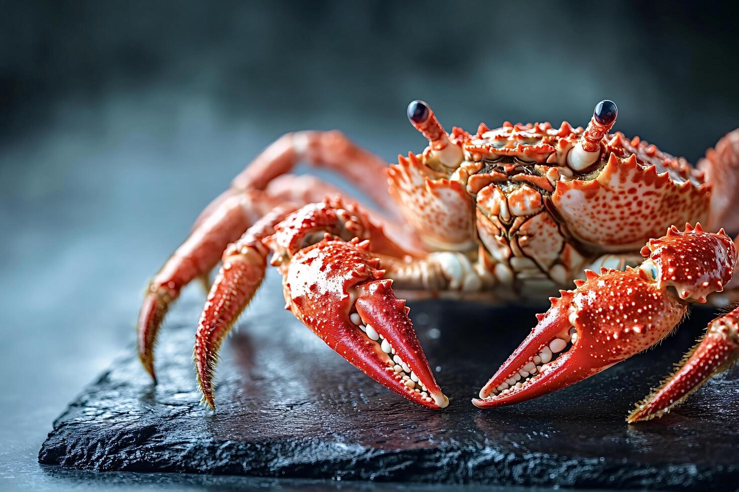 Cooked red crab sitting on black slate with smoky background photo