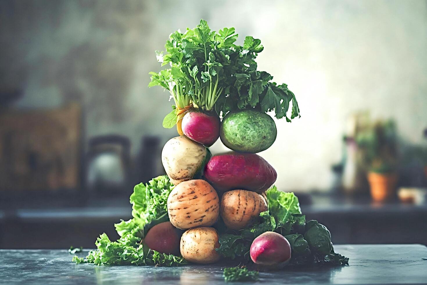 Fresh vegetables balancing on top of each other creating a pyramid shape photo