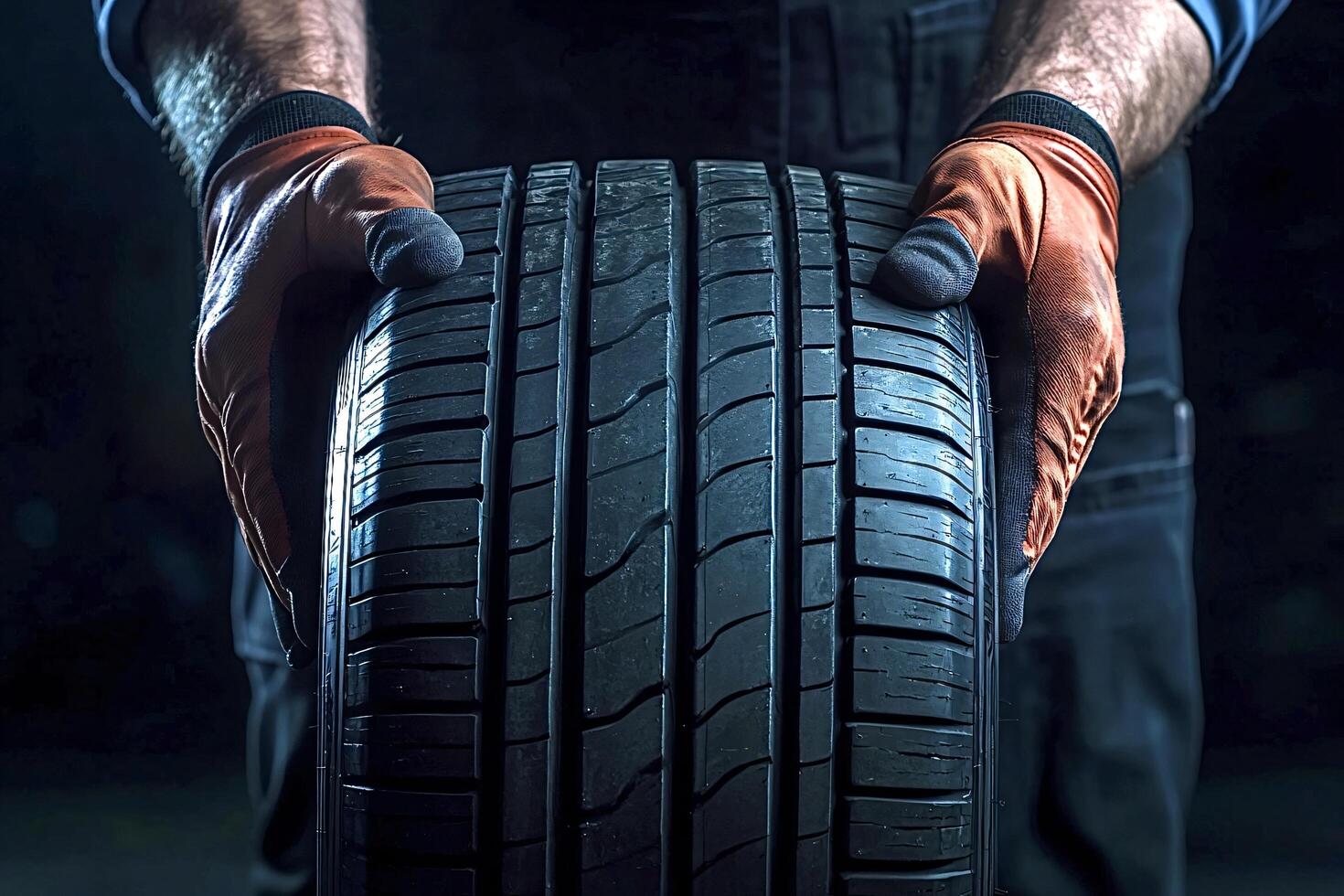 Mechanic wearing gloves holding a car tire in a repair shop photo