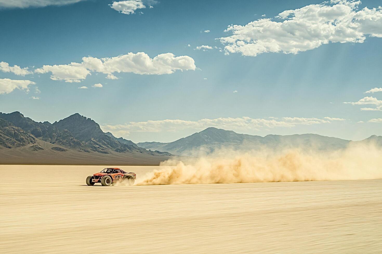 Buggy racing across the desert leaving a trail of dust photo