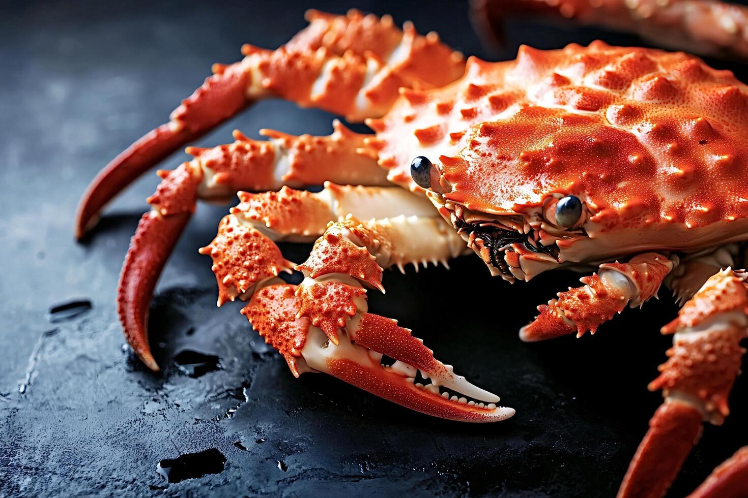 Cooked red king crab lying on a black surface photo