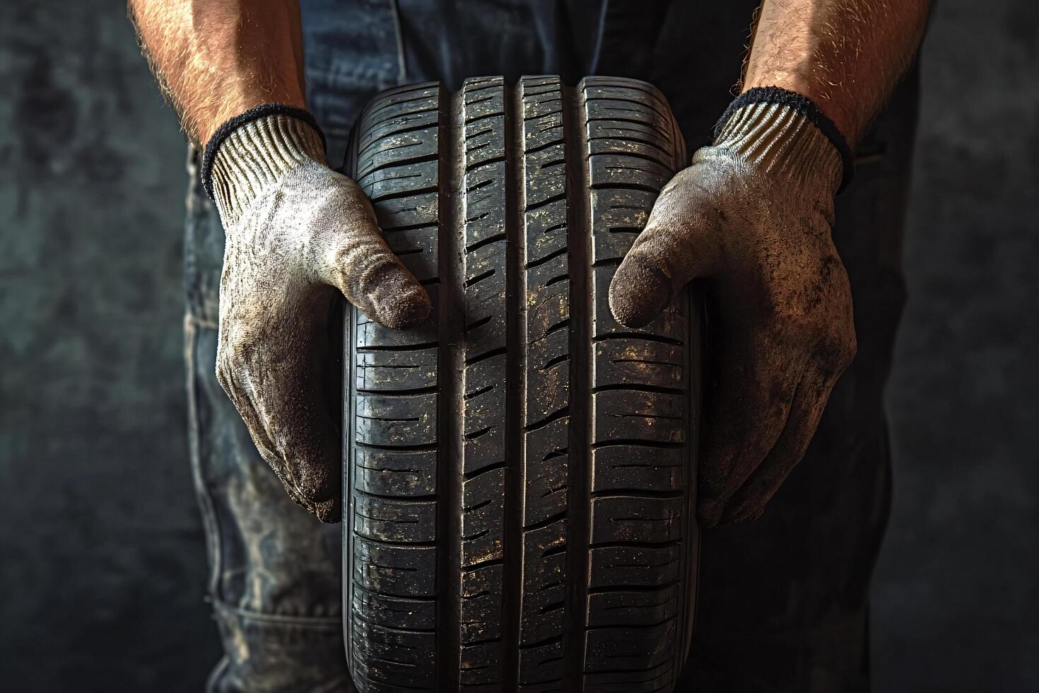 Mechanic holding worn out car tire in a repair shop photo