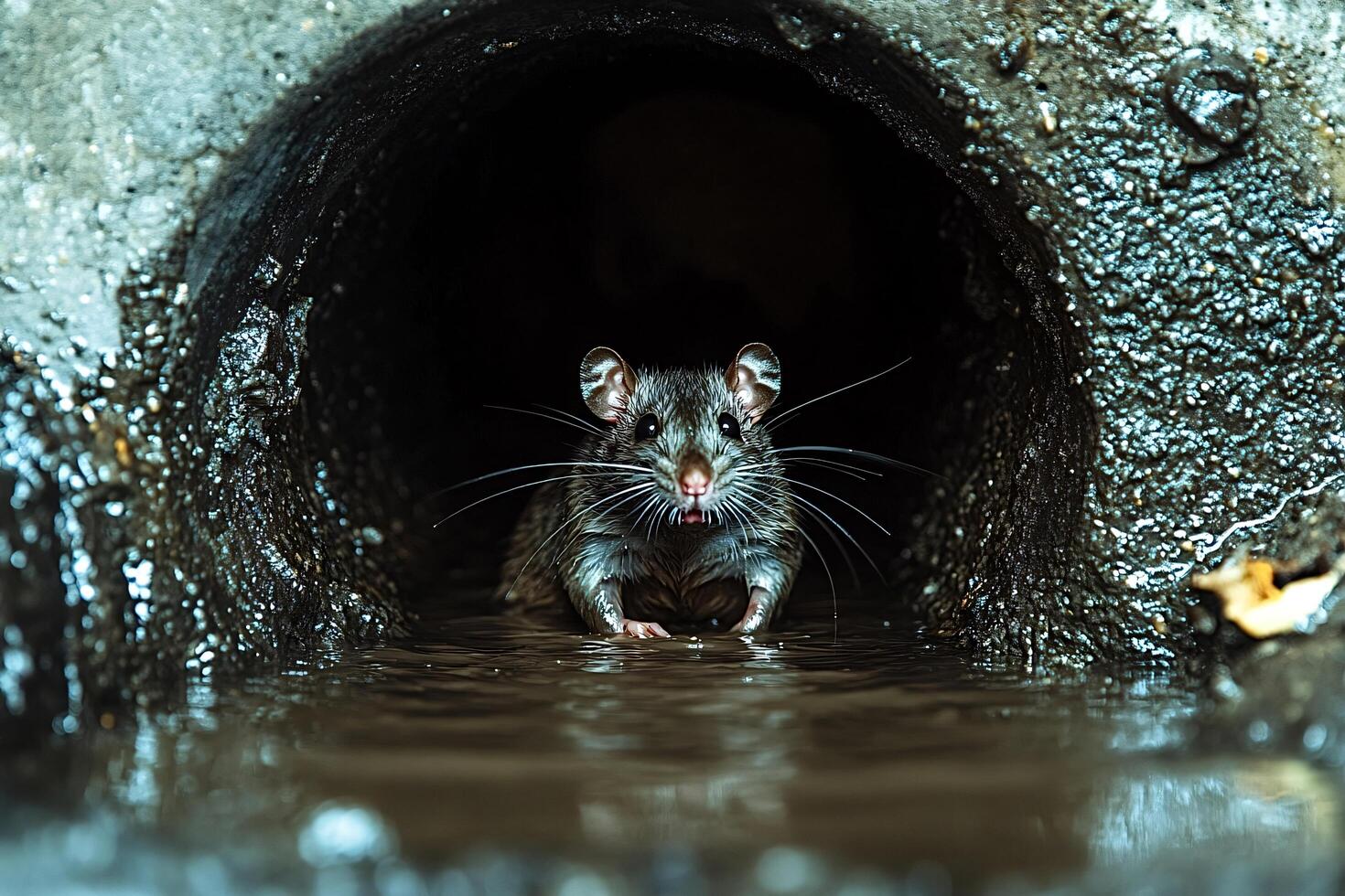 Wild rat emerging from sewer drainpipe photo