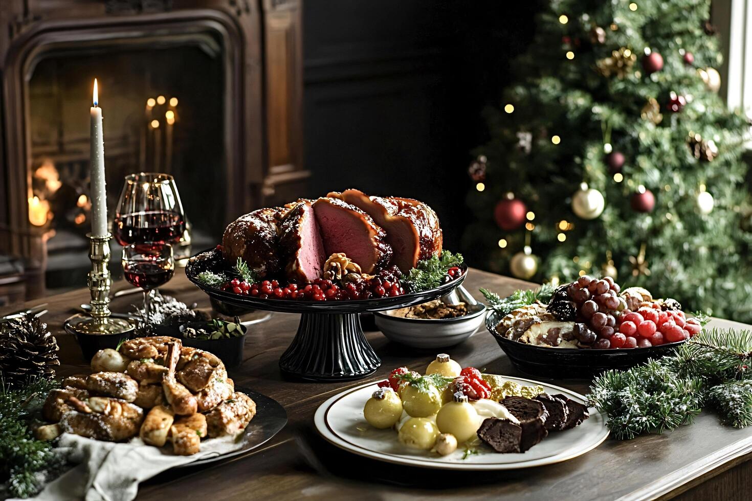 Christmas dinner table setting with festive dishes and lit fireplace photo