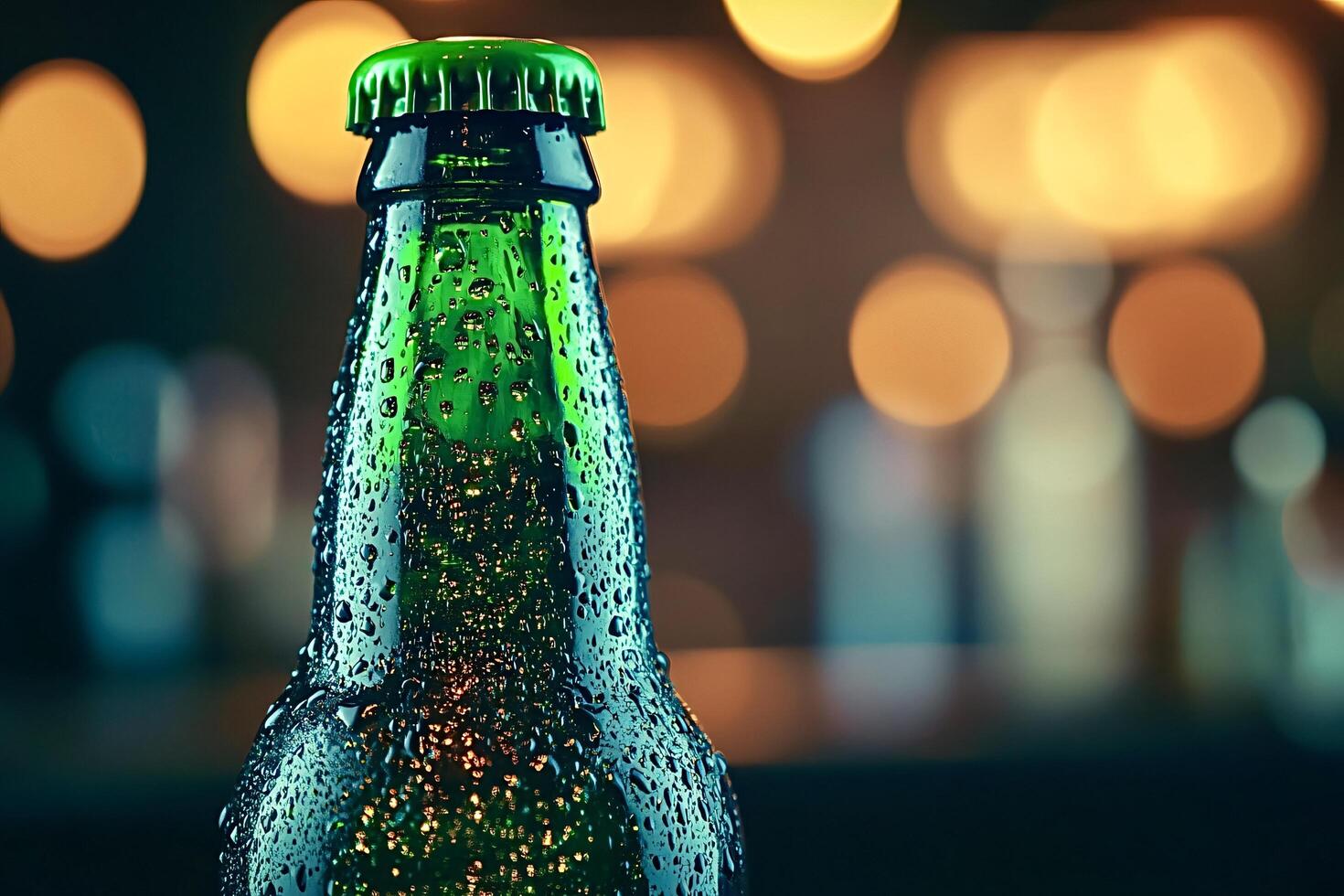 Green beer bottle condensing in a warm pub with blurred background photo