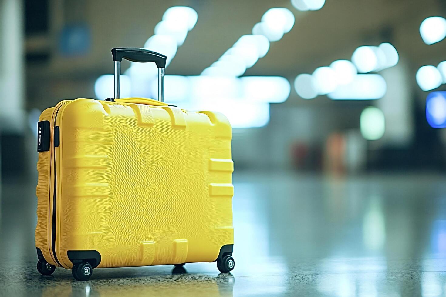 Bright yellow suitcase standing in airport terminal photo