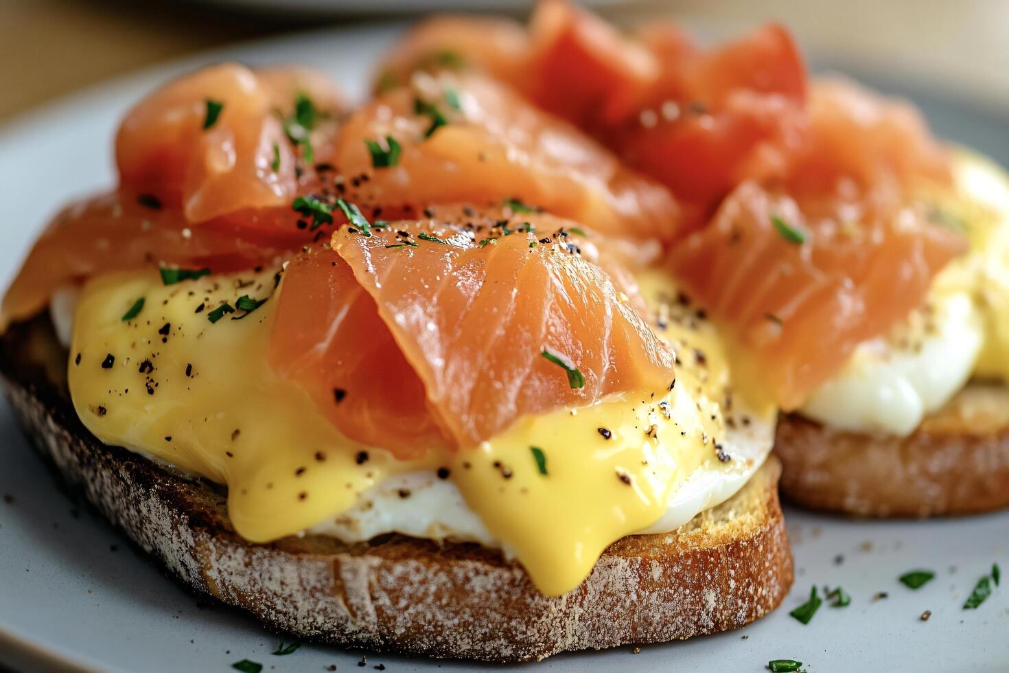 Delicious toast with smoked salmon and poached egg covered with holland sauce photo