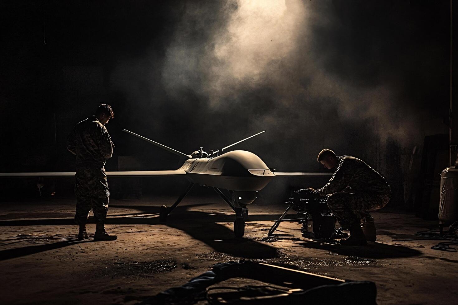 Military personnel preparing unmanned combat aerial vehicle, ucav for operation photo