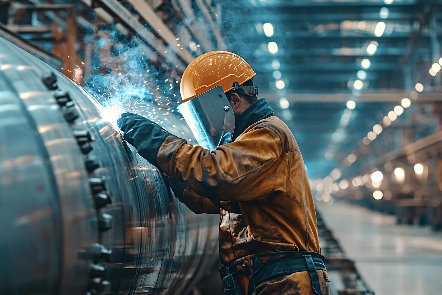 Industrial worker welding metal pipe wearing protective gear in factory photo