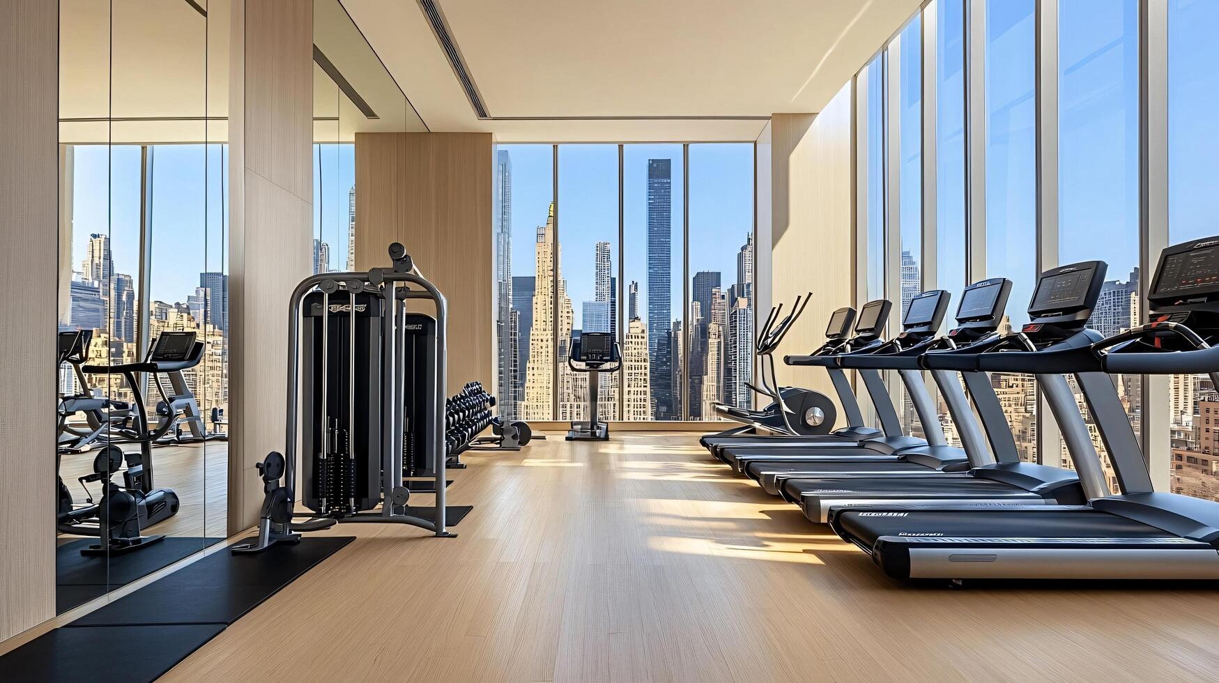 Modern empty gym with a view on new york city skyscrapers photo