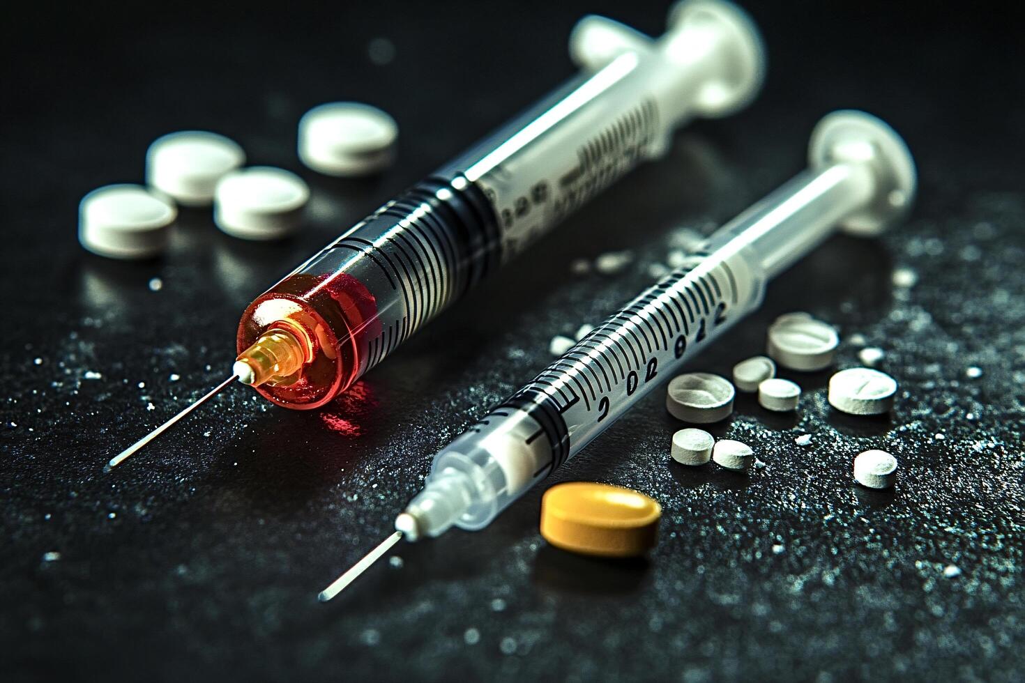 Two syringes lying on table with scattered pills photo