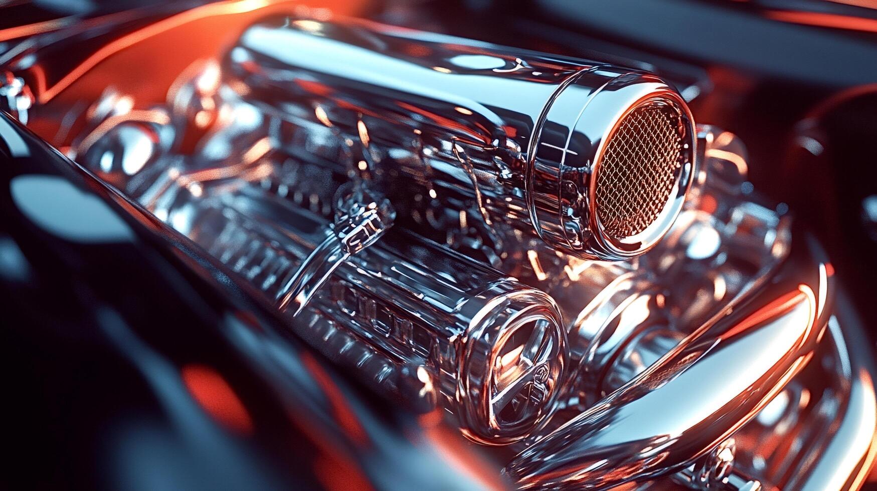Shiny chrome engine parts reflecting light photo