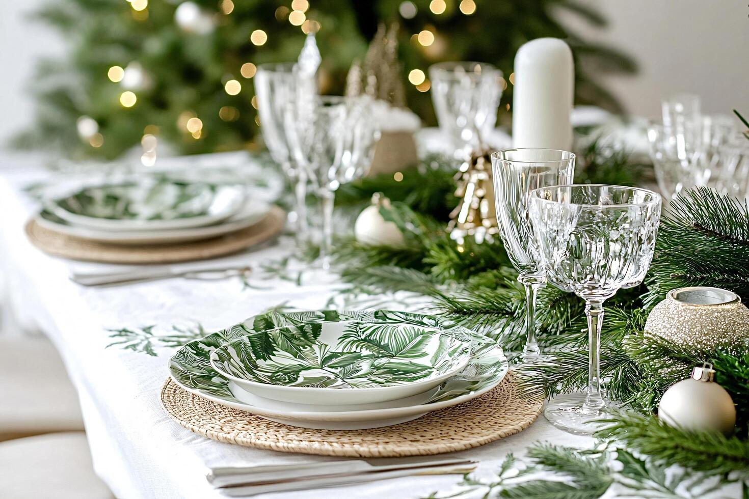 Christmas table setting decorated with greenery and tropical plates photo