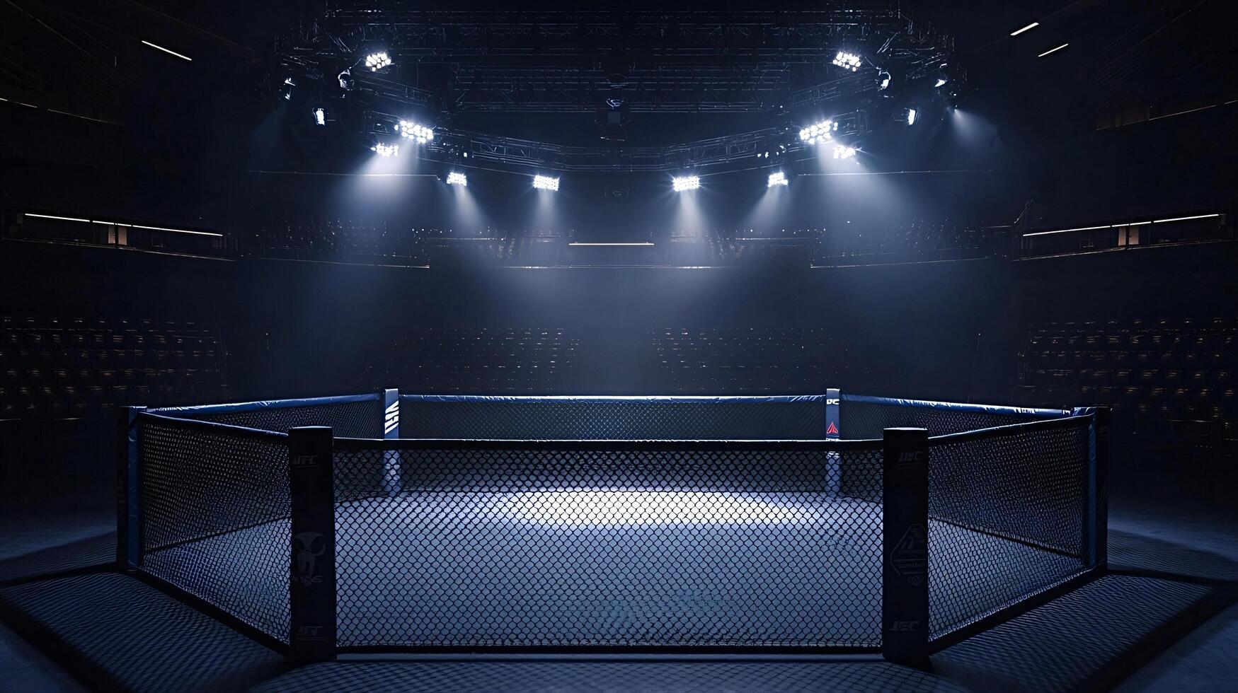 Empty ufc octagon awaiting fighters in a dark arena illuminated by spotlights photo