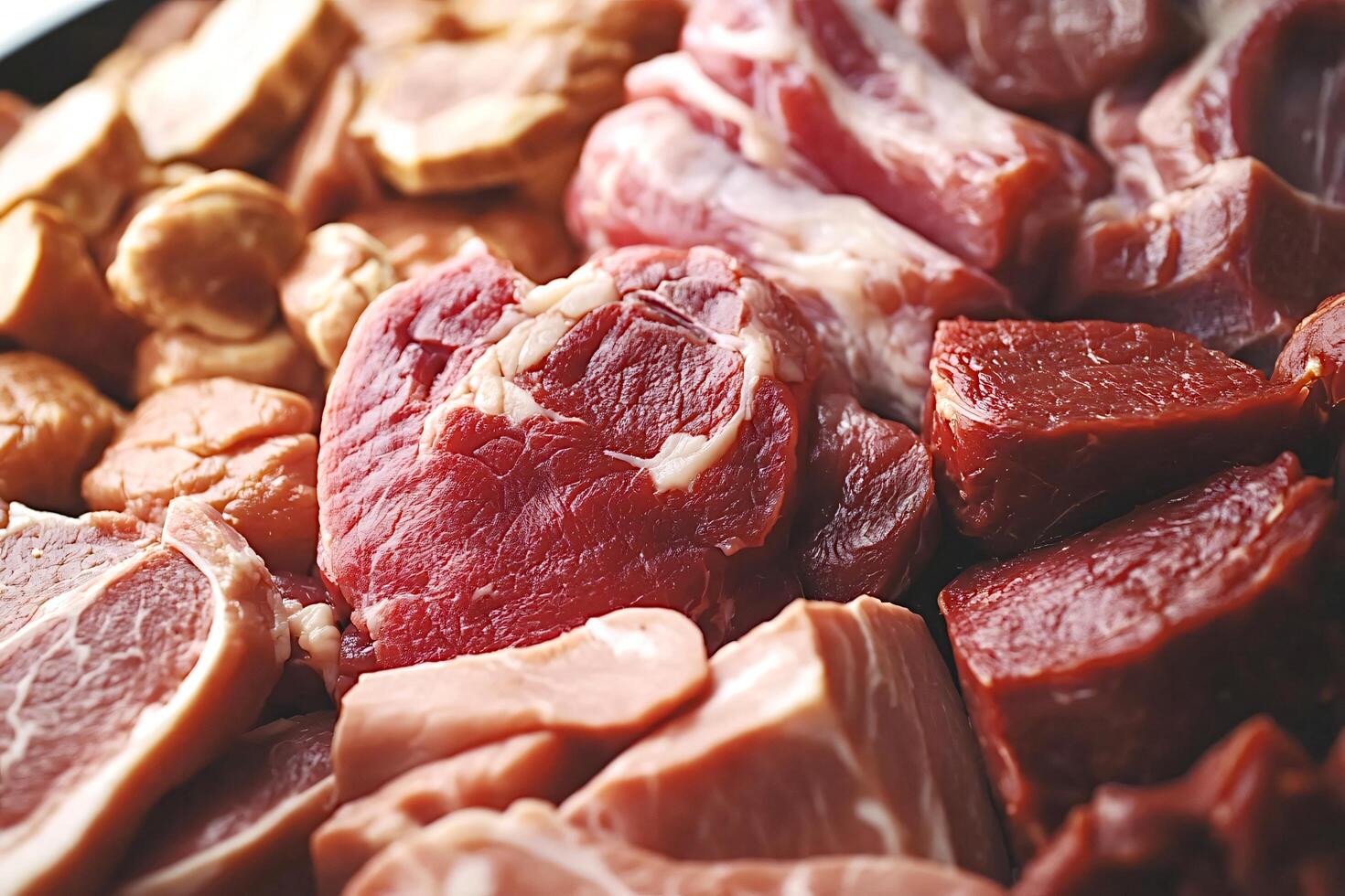 Raw meat cuts displayed on butcher counter, showcasing variety of beef cuts photo