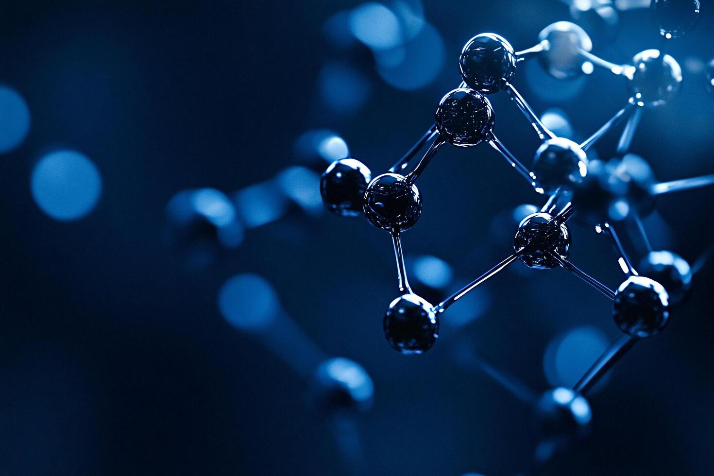 Abstract molecule structure connecting on dark blue background photo
