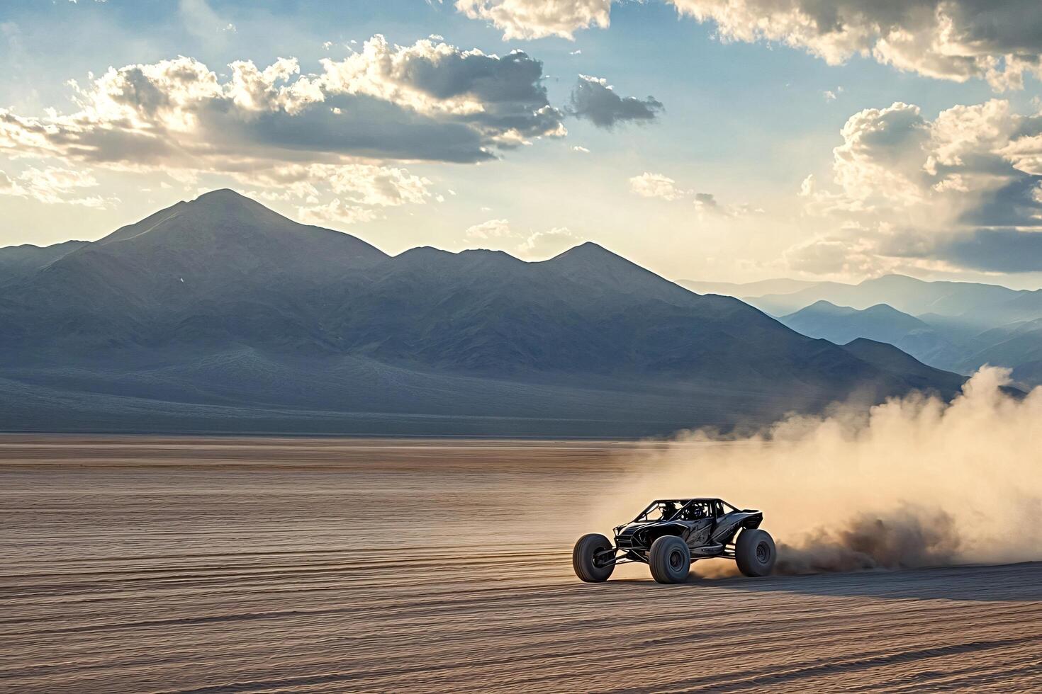 Buggy racing across the desert leaving a trail of dust at sunset photo