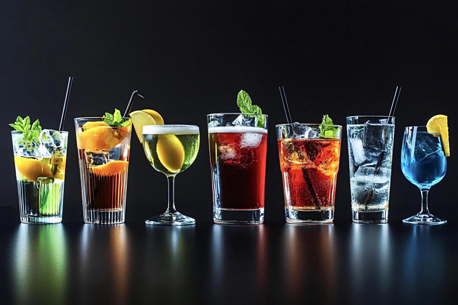 Colorful cocktails with garnish and ice resting on reflective surface photo