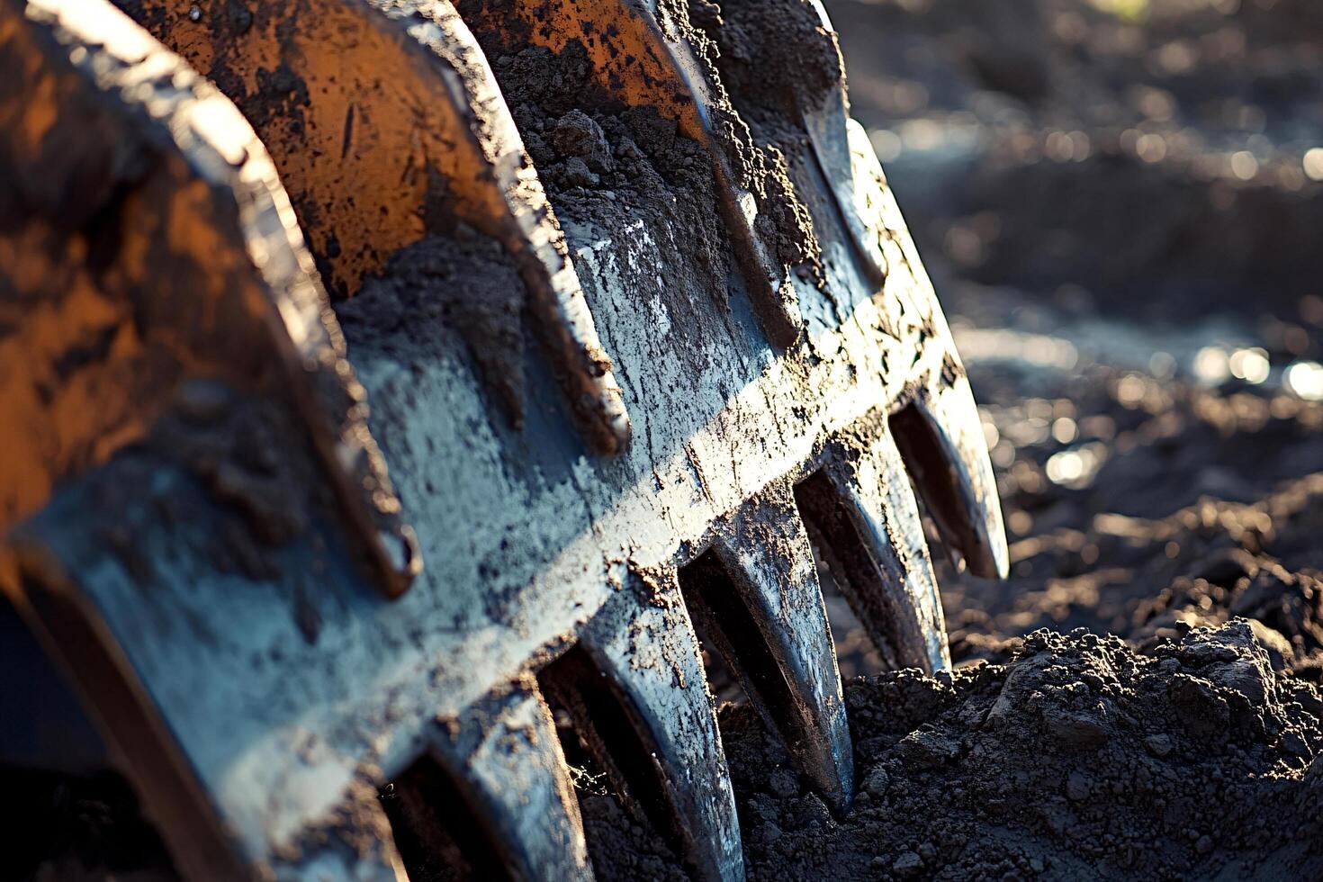 Excavator bucket teeth digging in dirt at construction site photo