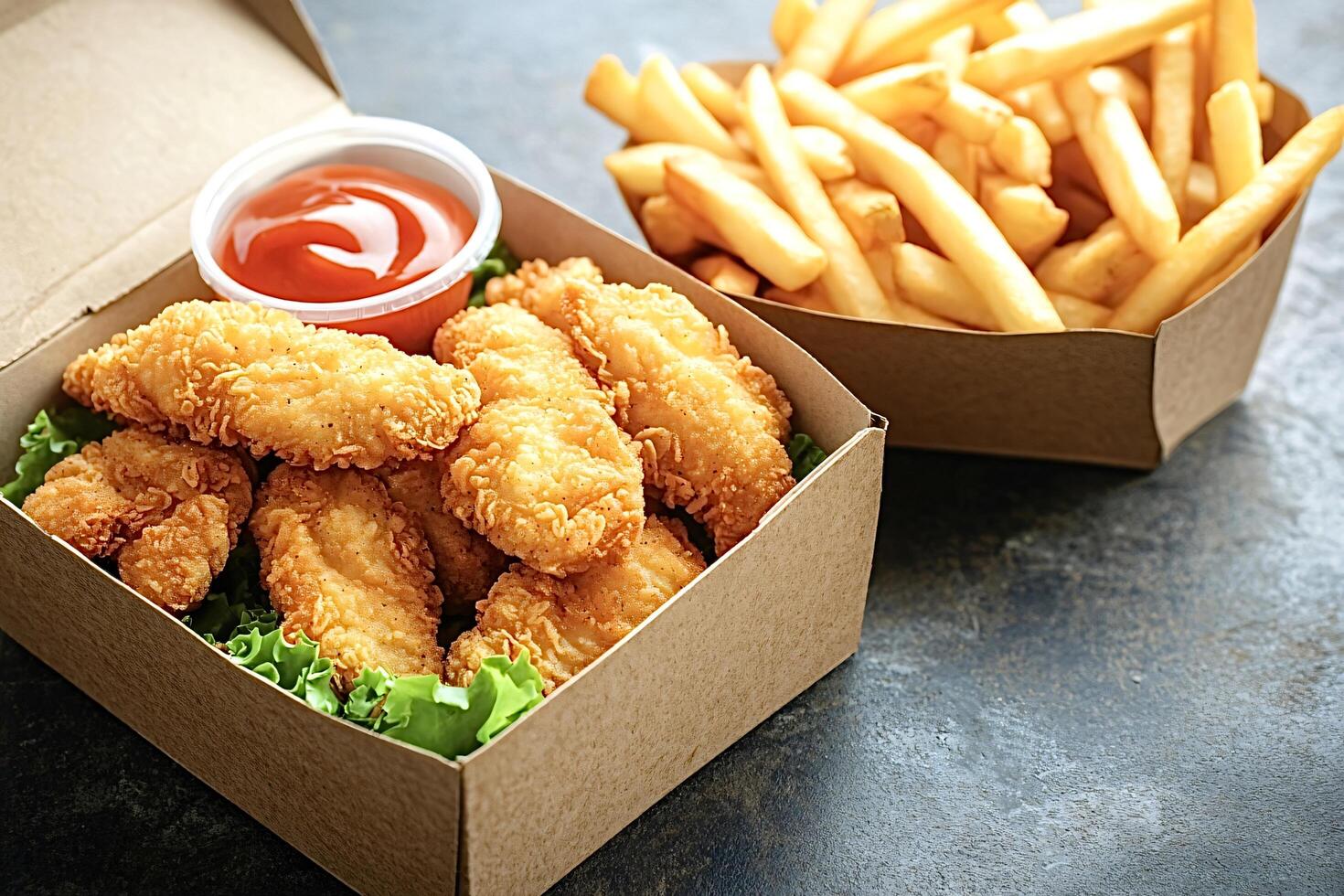 Delicious chicken tenders and french fries being served in cardboard boxes photo