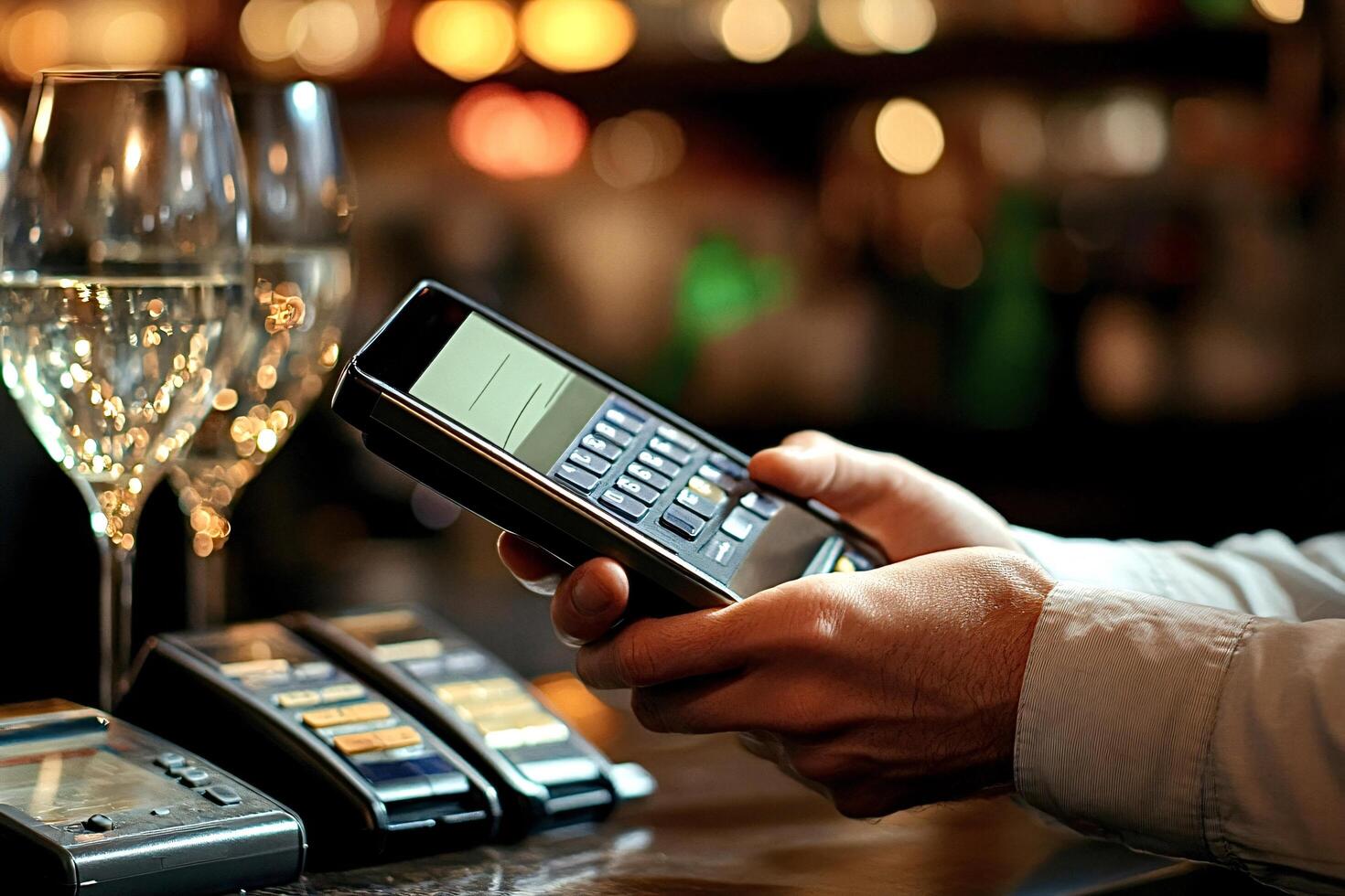 Bartender holding a card payment terminal in a bar photo