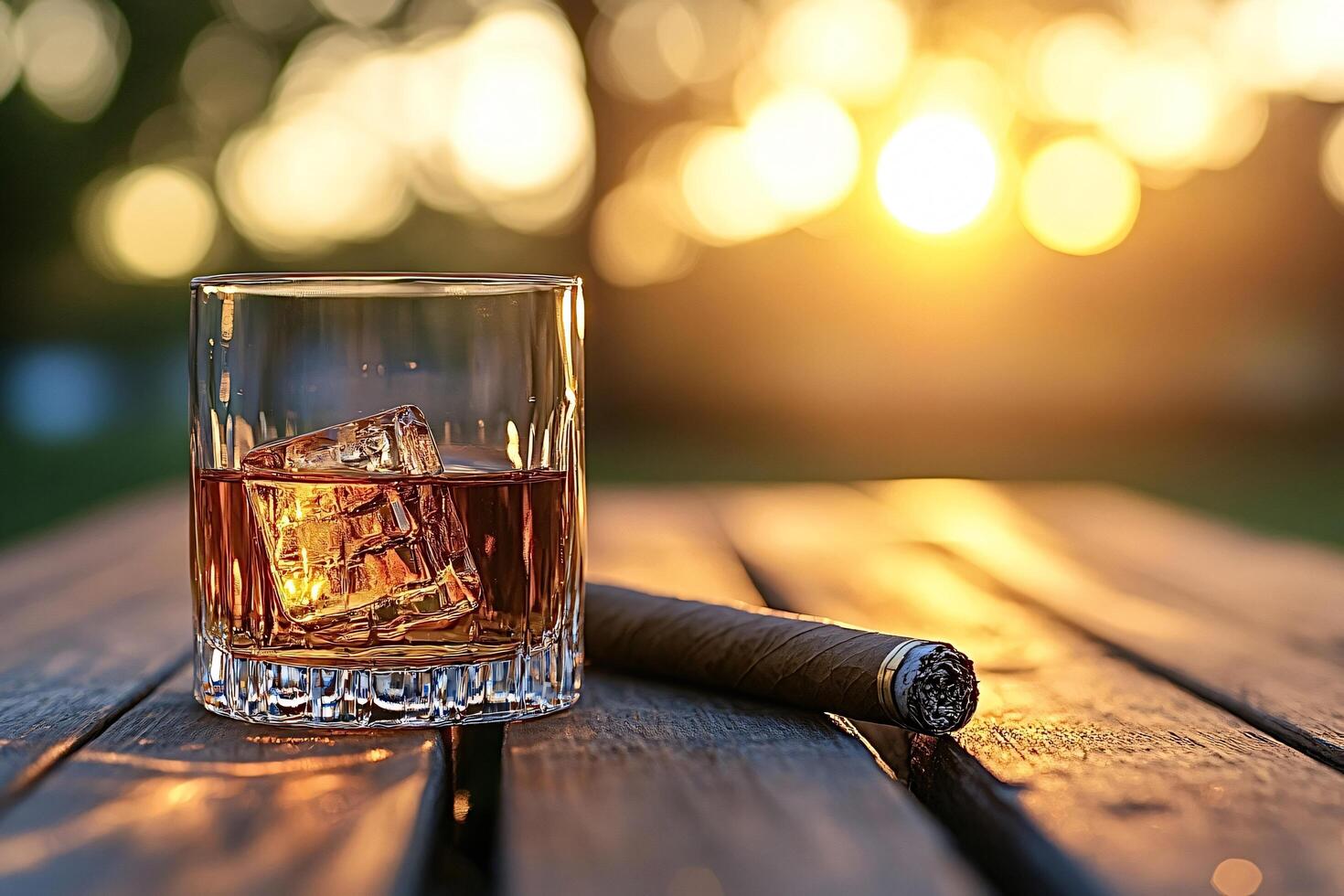 Glass of whiskey with ice and cigar resting on wooden table at sunset photo