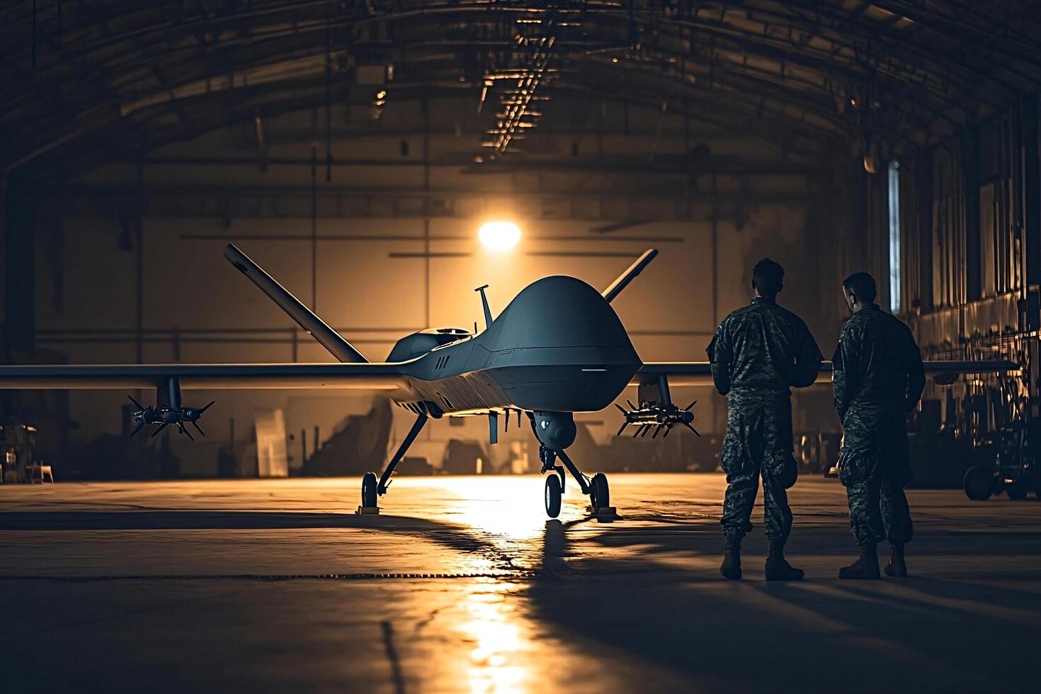 Military personnel inspecting unmanned combat aerial vehicle, ucav photo