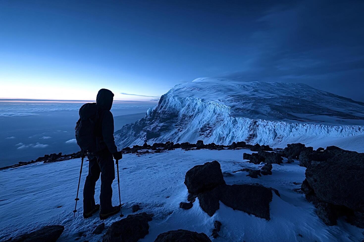 Mountaineer standing above the clouds on a snow covered mountain top photo