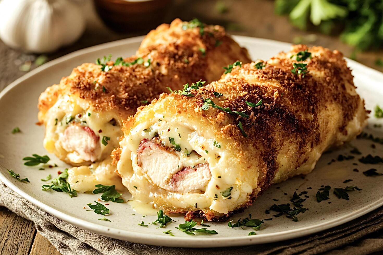 Delicious homemade chicken cordon bleu showing filling on a plate photo