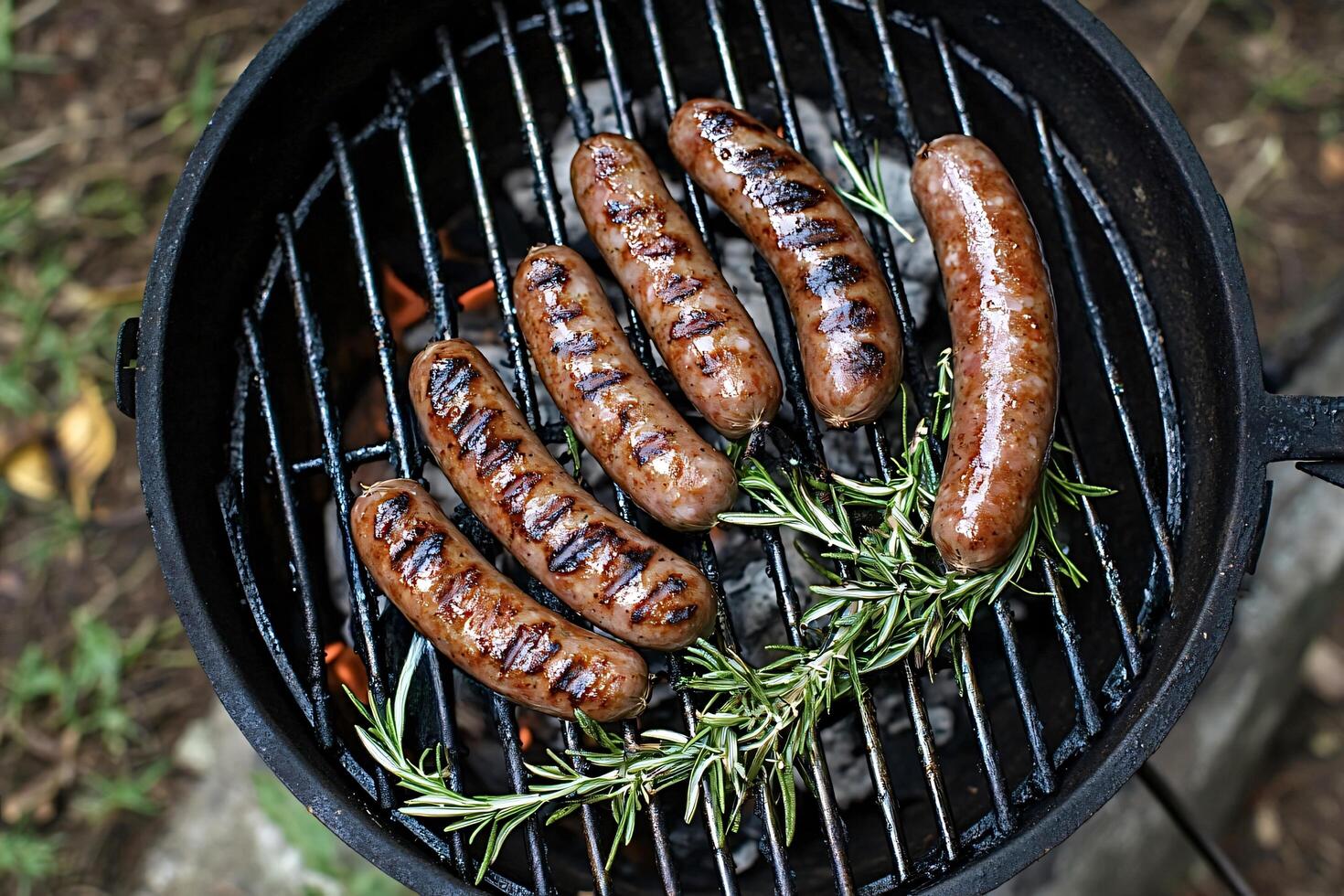 Delicious sausages grilling on barbecue with rosemary sprigs photo